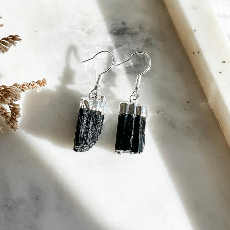 black tourmaline earrings - silver